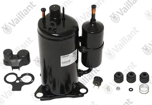 Vaillant-Kompressor mit einem großen zylindrischen Gehäuse, Auffangbehälter und verschiedenen Zubehörteilen, einschließlich Dichtungen und einem Stecker.